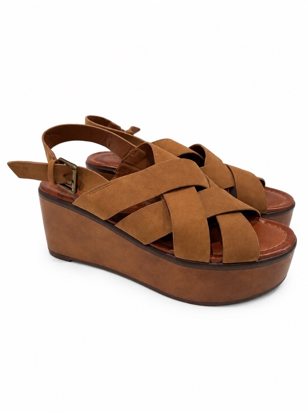 American Eagle Cognac Faux Suede Platform Wedge Sandals Women’s Size 6.5